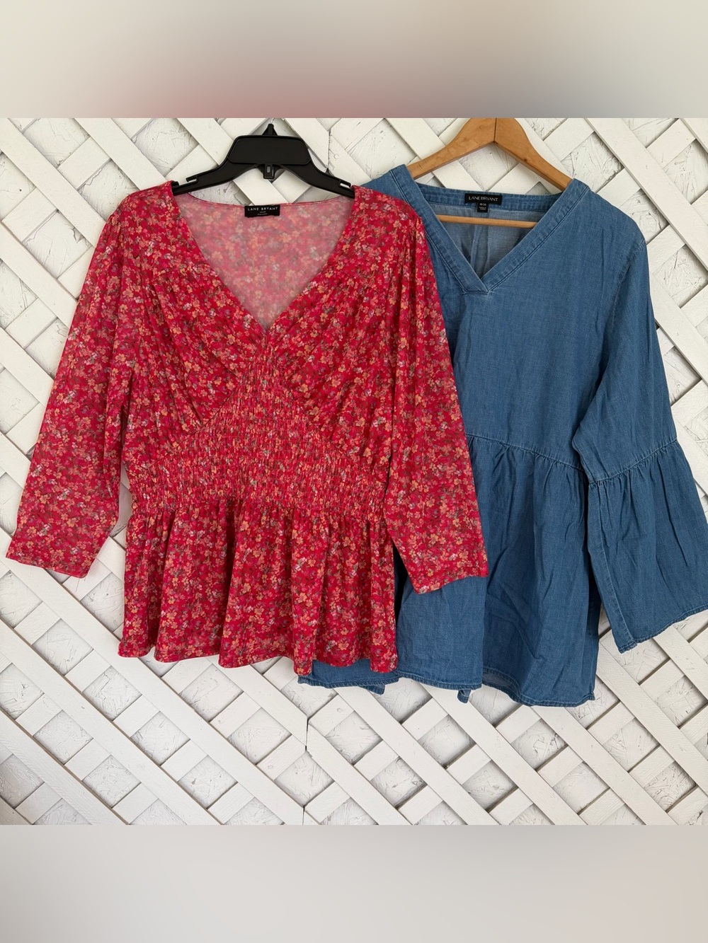 Lane Bryant Plus Size 18/20 Blouse Bundle Floral Mesh/ Bell Sleeve Chambray